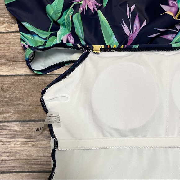 Shein Tropical Floral Flounce Navy One Piece Bathing Suit NWOT Medium Pom Poms - Picture 10 of 12